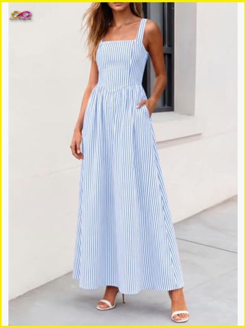Striped Maxi Dress Smocked A-Line Flowy Beach Vacation Party Square Neck - Picture 5 of 7